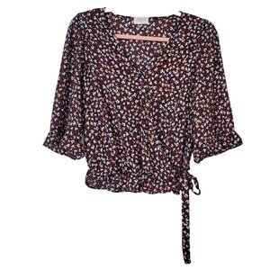 Sienna Sky Women’s Small Blue Floral Cross Tie 3/4 Sleeve Ruffle Waist Top